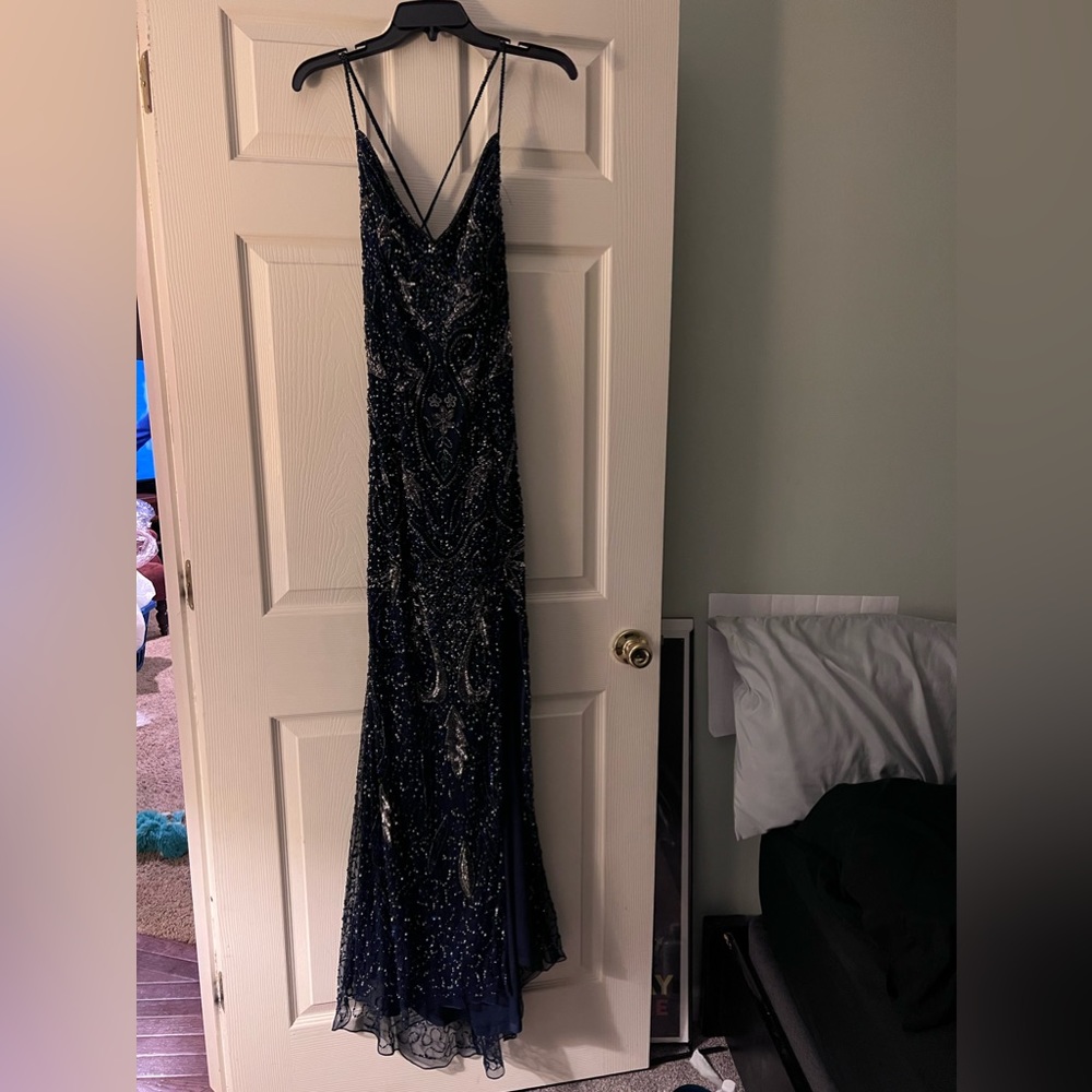 Navy blue beaded prom dress with slit